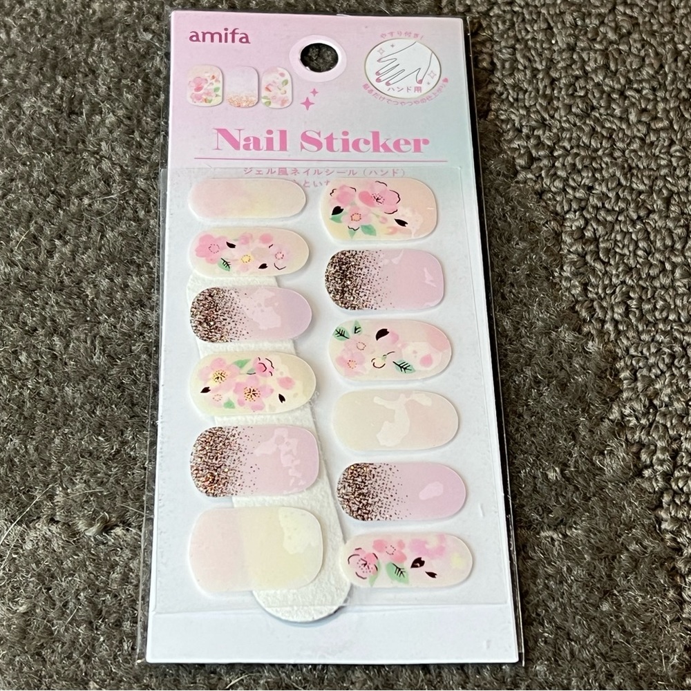 Amifa Pastel Pink Glitter Sakura Flower Cherry Blossoms Nail Stickers Seals Hime